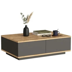 Tavolini Da Salotto > Dmora Tavolino da Salotto Marrone Rovere Nodi Nero con Piedini 2 Vani 120.5x60.5x42.5h cm, Forma Rettangolare - Corsano Nero, Marrone Rovere Nodi