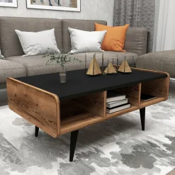 Tavolini Da Salotto > Dmora Tavolino da Salotto Marrone Rovere Nodi Nero con Piedini un Vano 101x55x46h cm, Forma Rettangolare - Cunico Nero, Marrone Rovere Nodi
