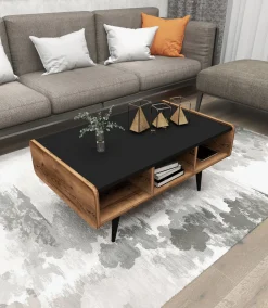 Tavolino da Salotto Marrone Rovere Nodi Nero con Piedini 3 Vani 90x56x40h cm, Forma Rettangolare - Mangone