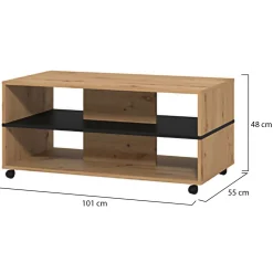 Tavolino da Salotto Marrone Rovere Nodi Nero con Ruote 2 Vani 101x54.5x47.5h cm, Forma Rettangolare - Erice