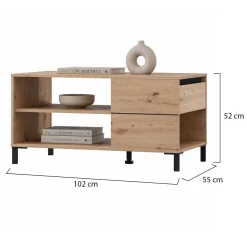 Tavolino da Salotto Marrone Rovere Nodi Nero un Cassetto con Piedini 102x55x52h cm, 3 Vani - Salentina