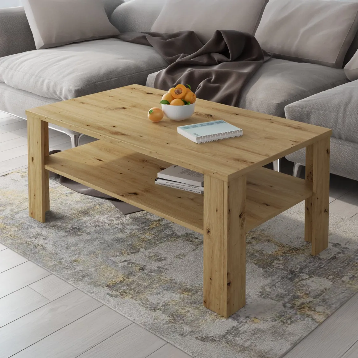 Tavolini Da Salotto > Dmora Tavolino da Salotto un Vano Forma Rettangolare 124x60x45h cm, Sfumatura Colore Ripiano Rovere Nodi - Pella Marrone Rovere Nodi