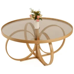 Tavolino da Salotto Marrone Rovere Piano in Vetro Temperato Forma Rotondo 100x100x47h cm, Materiale Struttura in Vetro - Gargallo