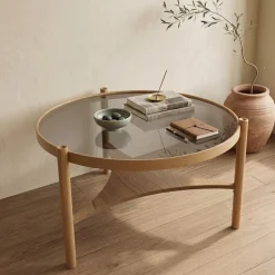 Tavolino da Salotto Marrone Rovere un Vano Piano in Vetro Temperato 100x100x46h cm, Forma Rotondo - Canterano