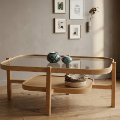Tavolino da Salotto Marrone Rovere un Vano Piano in Vetro Temperato 110x70x48h cm, Forma Rettangolare - Sorbolo