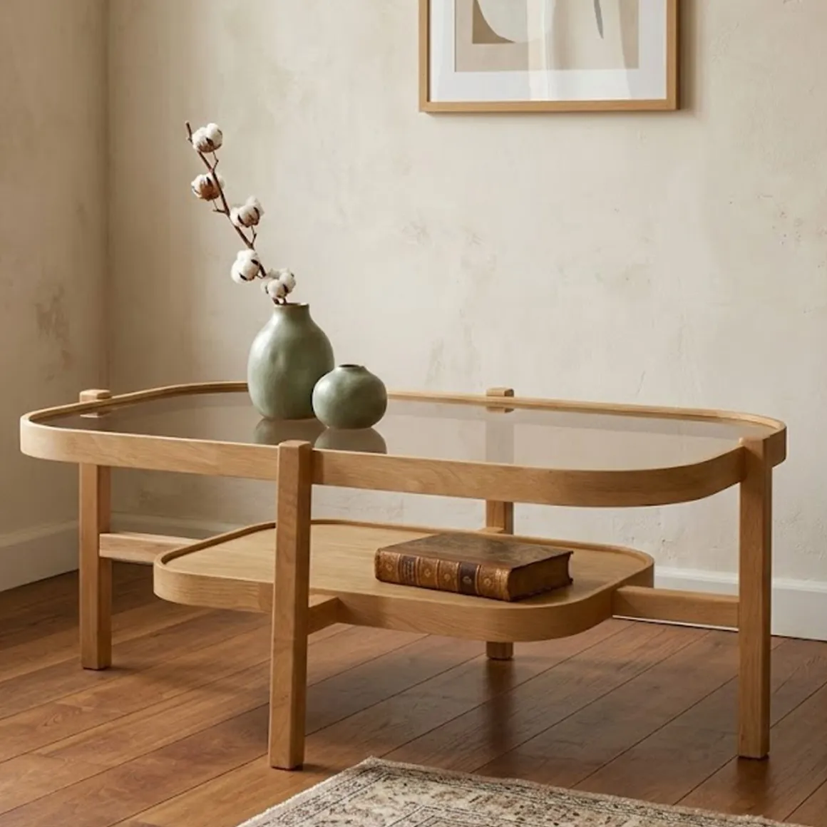 Tavolino da Salotto Marrone Rovere un Vano Piano in Vetro Temperato 110x70x48h cm, Forma Rettangolare - Sorbolo