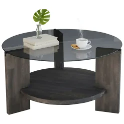 Tavolino da Salotto Nero Antracite Portariviste Forma Rotonda 75x75x40h cm, Materiale Struttura in Vetro - Felino