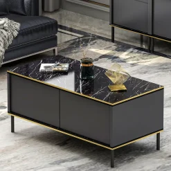 Tavolino da Salotto Nero Antracite oro con Piedini un Vano 90x45x40h cm, Piano Sollevabile - Zerbolo