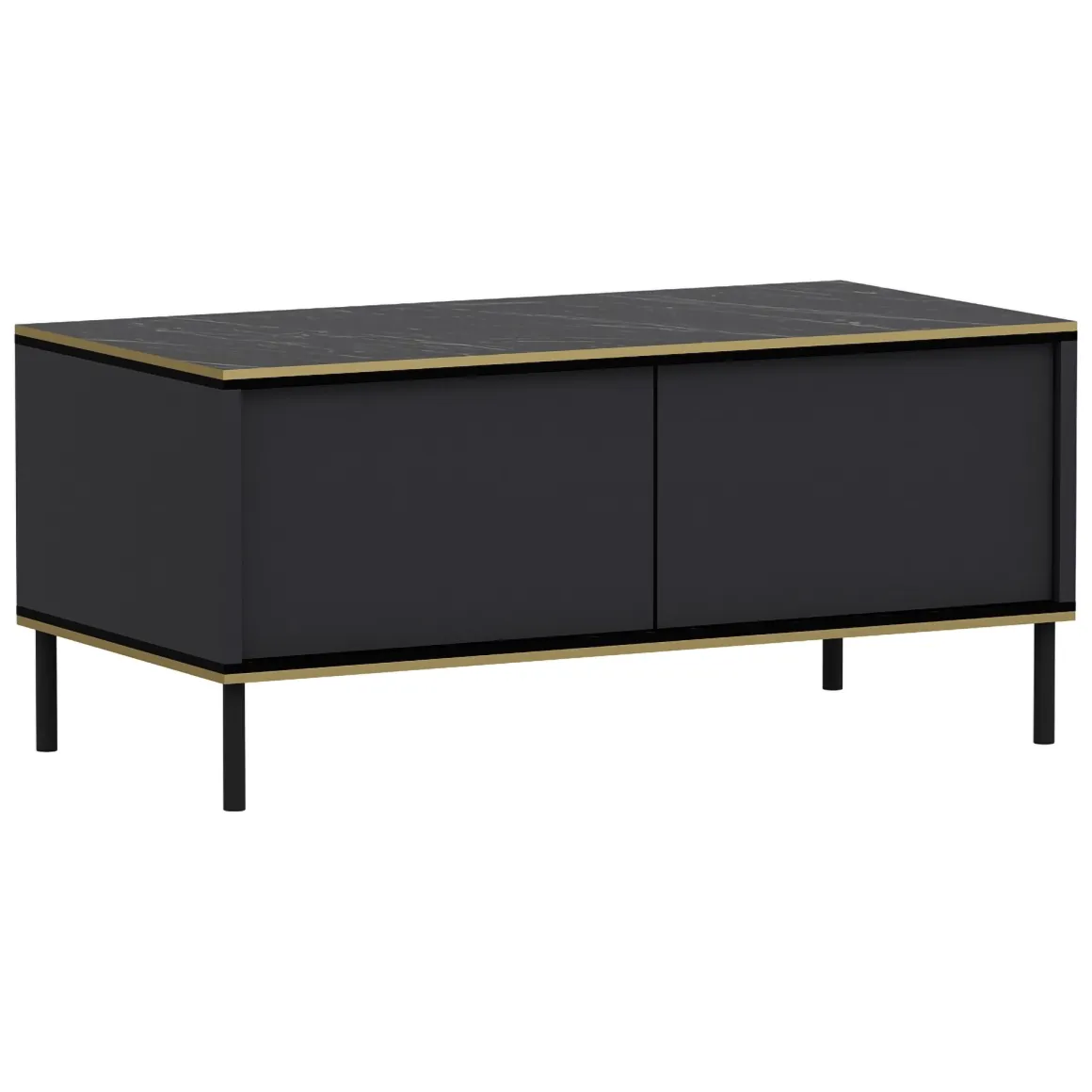 Tavolino da Salotto Nero Antracite oro con Piedini un Vano 90x45x40h cm, Piano Sollevabile - Zerbolo