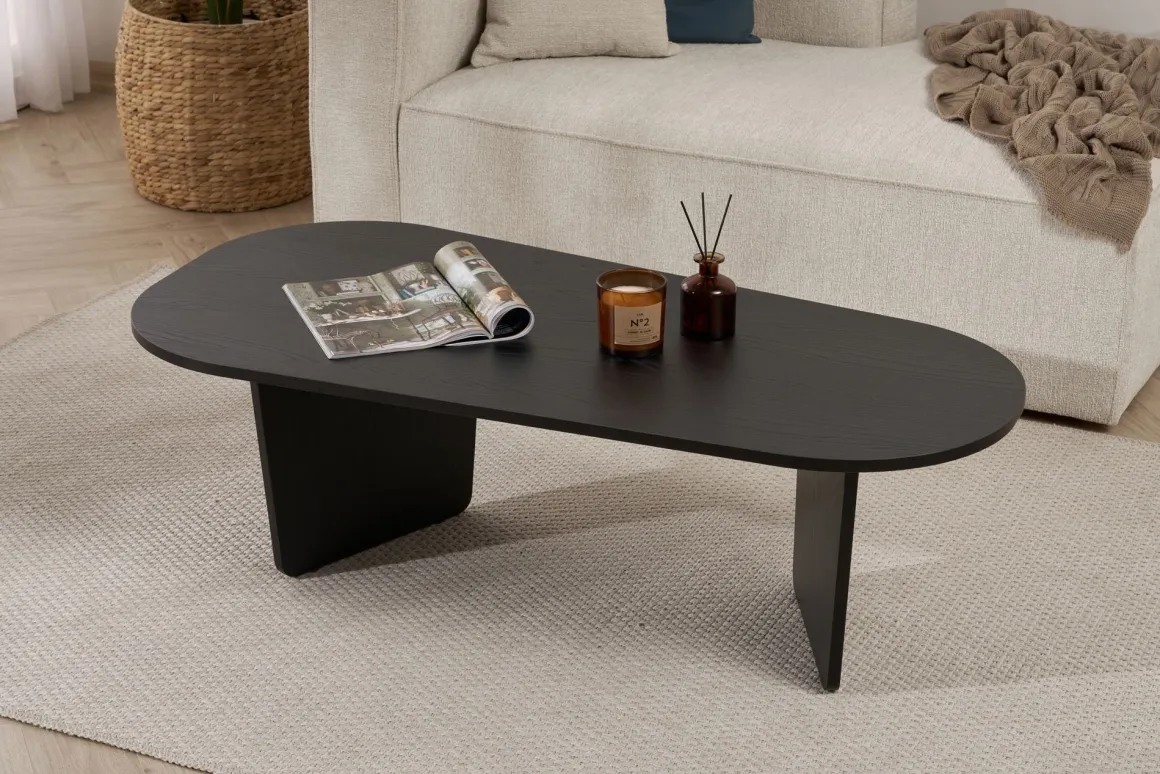 Tavolino da Salotto Nero Forma Ovale Materiale Piano in Legno Nobilitato 130x65x40h cm, Colore Ripiano Nero - Dozza