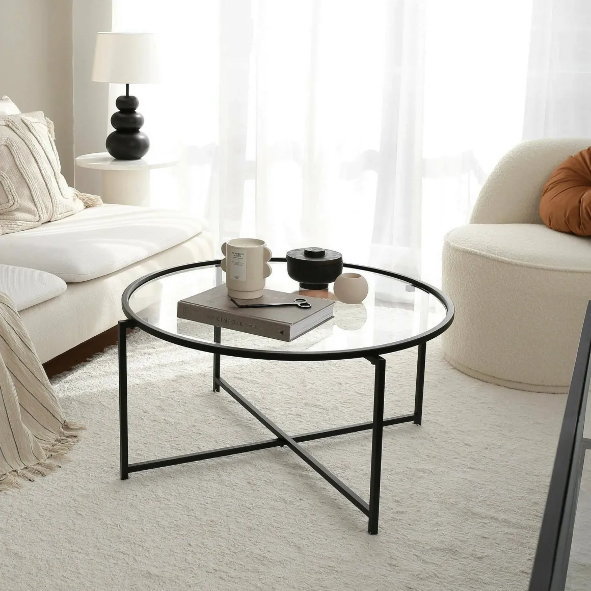Tavolino da Salotto Nero Forma Rettangolare Materiale Piano in Vetro 83x82x40h cm, Colore Ripiano Trasparente - Ecaterina