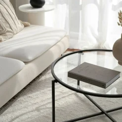 Tavolino da Salotto Nero Forma Rettangolare Materiale Piano in Vetro 83x82x40h cm, Colore Ripiano Trasparente - Ecaterina