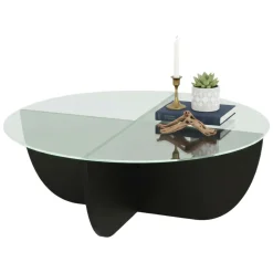 Tavolino da Salotto Nero Forma Rotonda Materiale Piano in Vetro 90x90x30h cm, Colore Ripiano Trasparente - Jolanda