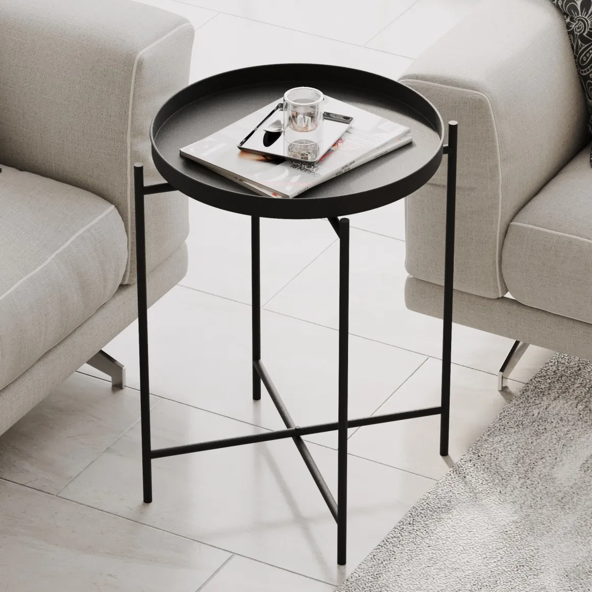 Tavolino da Salotto Nero Forma Rotondo Materiale Piano in Metallo 46x46x56h cm, Colore Ripiano Nero - Fiave