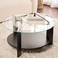 Tavolino da Salotto Nero Forma Rotondo Materiale Piano in Vetro 75x75x40h cm, Colore Ripiano Trasparente - Canevino