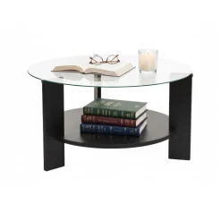 Tavolino da Salotto Nero Forma Rotondo Materiale Piano in Vetro 75x75x40h cm, Colore Ripiano Trasparente - Canevino