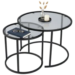 Tavolino da Salotto Nero Grigio set di 2 Tavolini Forma Rotondo 60x60x43h cm, Colore Struttura Grigio - Xaden