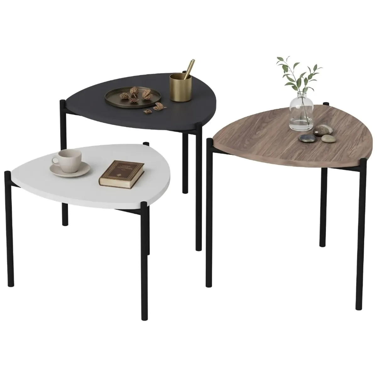 Tavolini Da Salotto > Dmora Tavolino da Salotto Nero Marrone Noce set 3 Pezzi Forma Triangolare 45x45x45h cm, Colore Ripiano Marrone - Carro Marrone, Nero Noce