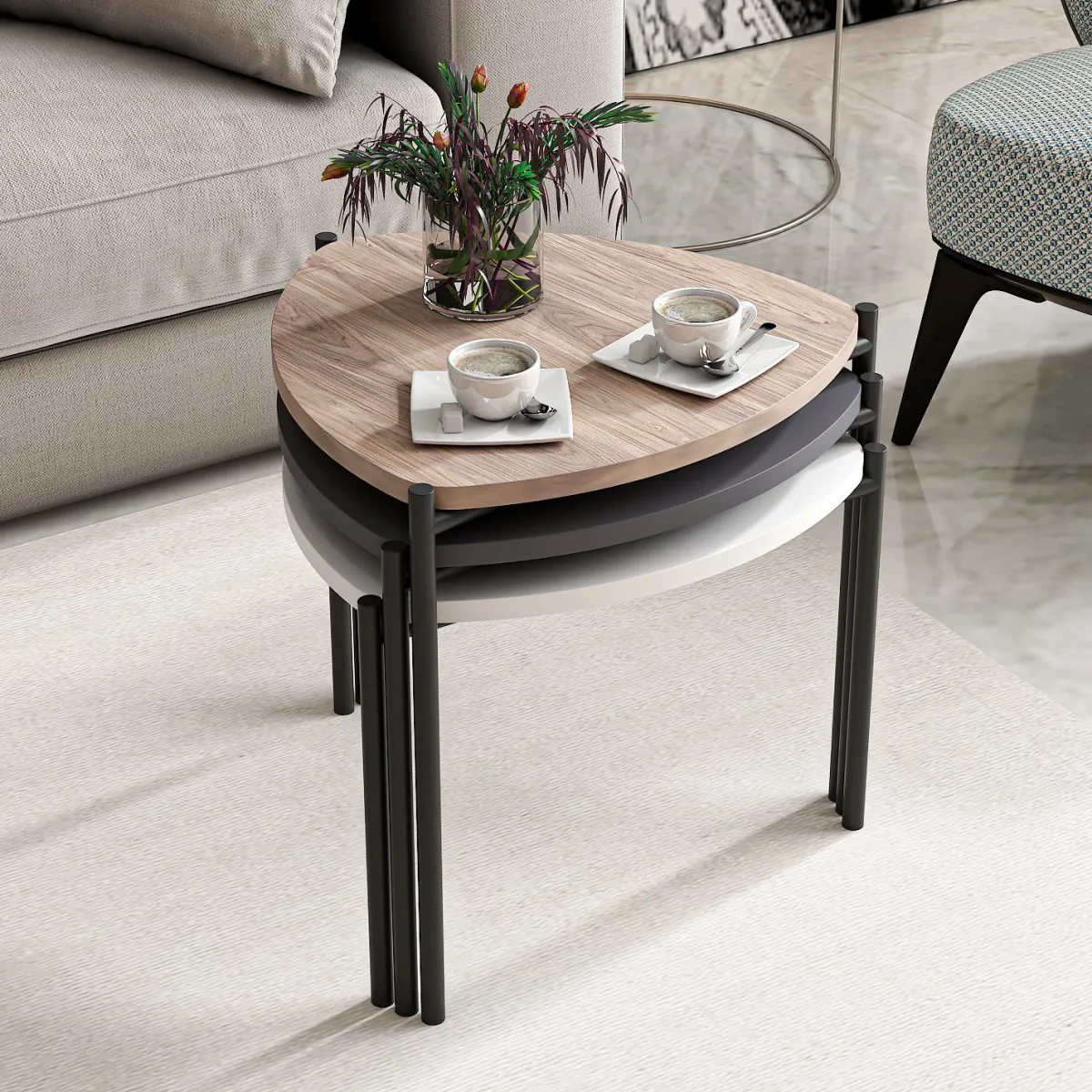 Tavolini Da Salotto > Dmora Tavolino da Salotto Nero Marrone Noce set 3 Pezzi Forma Triangolare 45x45x45h cm, Colore Ripiano Marrone - Carro Marrone, Nero Noce