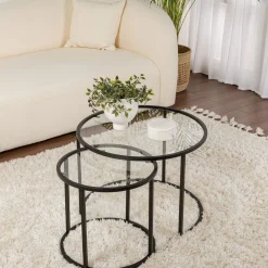 Tavolino da Salotto Nero Modulabile Forma Rotondo 60x60x43h cm, Materiale Piano in Vetro - Simaxis