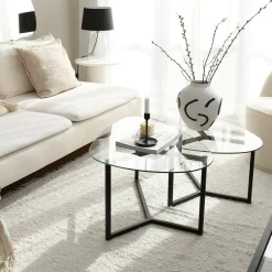 Tavolino da Salotto Nero Modulare Multifunzionale Forma Rettangolare 82x58x40h cm, Materiale Piano in Vetro - Flora