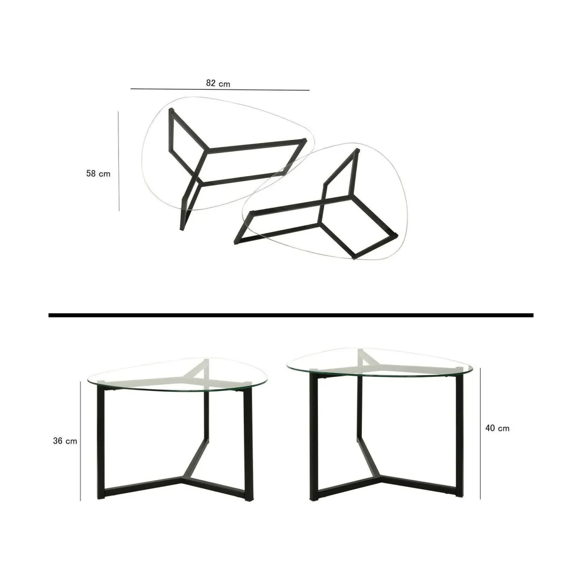 Tavolino da Salotto Nero Modulare Multifunzionale Forma Rettangolare 82x58x40h cm, Materiale Piano in Vetro - Flora