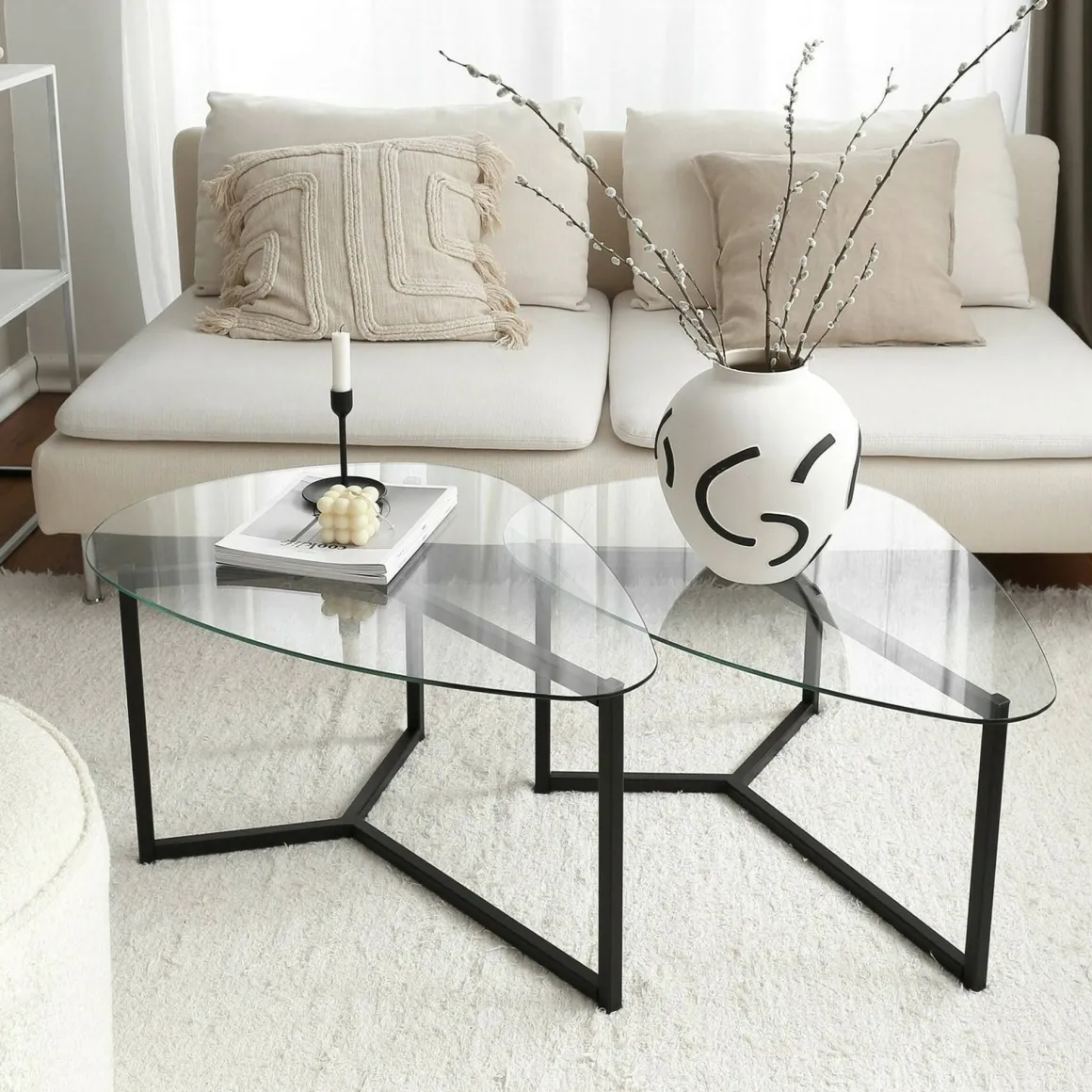 Tavolino da Salotto Nero Modulare Multifunzionale Forma Rettangolare 82x58x40h cm, Materiale Piano in Vetro - Flora