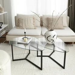 Tavolino da Salotto Nero Modulare Multifunzionale Forma Rettangolare 82x58x40h cm, Materiale Piano in Vetro - Flora