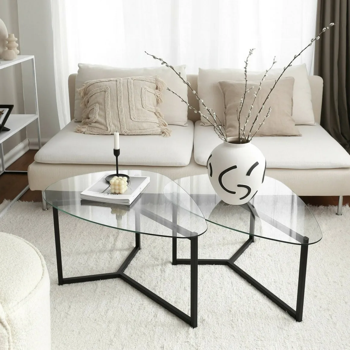 Tavolino da Salotto Nero Modulare Multifunzionale Forma Rettangolare 82x58x40h cm, Materiale Piano in Vetro - Flora