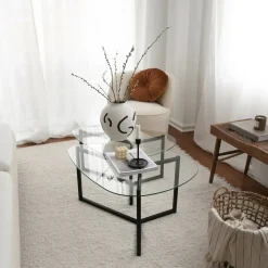 Tavolino da Salotto Nero Modulare Multifunzionale Forma Rettangolare 82x58x40h cm, Materiale Piano in Vetro - Flora
