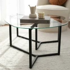 Tavolino da Salotto Nero Modulare Multifunzionale Forma Rettangolare 82x58x40h cm, Materiale Piano in Vetro - Flora