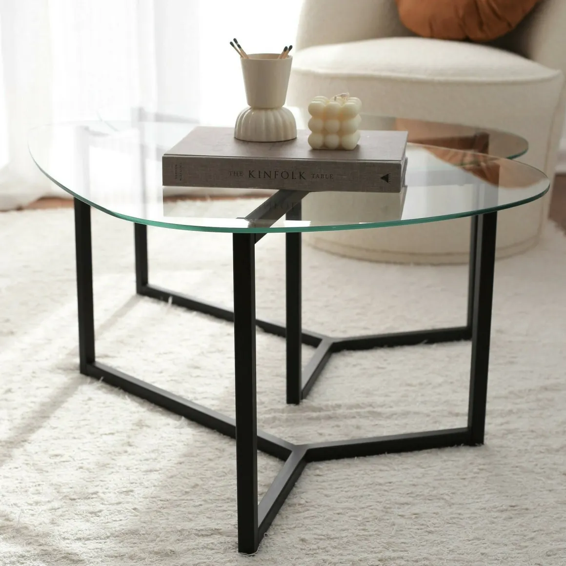 Tavolino da Salotto Nero Modulare Multifunzionale Forma Rettangolare 82x58x40h cm, Materiale Piano in Vetro - Flora