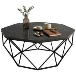 Tavolini Da Salotto > Dmora Tavolino da Salotto Nero Nero Marmo Forma Ottagonale Materiale Piano in Legno Nobilitato 90x90x38h cm, Colore Ripiano Nero - Coazzolo Nero, Nero Marmo