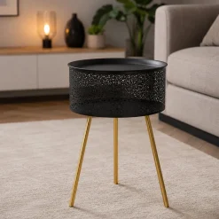 Tavolini Da Salotto > Dmora Tavolino da Salotto Nero oro Contenitore un Vano 40x40x50h cm, Forma Rotondo - Swakom Oro, Nero