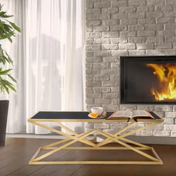 Tavolini Da Salotto > Dmora Tavolino da Salotto Nero oro Forma Rettangolare Colore Ripiano Nero 110x60x45h cm, Materiale Struttura in Metallo - Keswic Oro, Nero