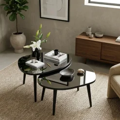 Tavolino da Salotto Nero Piano in Vetro Temperato Forma Ovale 75x55x38h cm, Sfumatura Colore Ripiano Fume - Cassiano