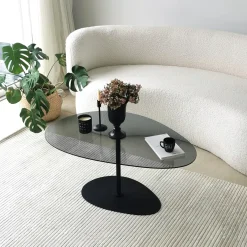 Tavolino da Salotto Nero Piano in Vetro Temperato Forma Ovale 90x60x40h cm, Sfumatura Colore Ripiano Fume - Tremiti