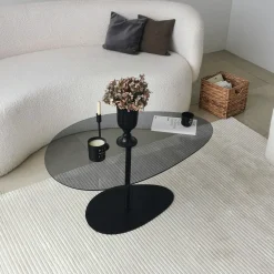 Tavolino da Salotto Nero Piano in Vetro Temperato Forma Ovale 90x60x40h cm, Sfumatura Colore Ripiano Fume - Tremiti