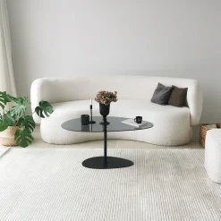 Tavolino da Salotto Nero Piano in Vetro Temperato Forma Ovale 90x60x40h cm, Sfumatura Colore Ripiano Fume - Tremiti