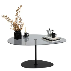 Tavolino da Salotto Nero Piano in Vetro Temperato Forma Ovale 90x60x40h cm, Sfumatura Colore Ripiano Fume - Tremiti