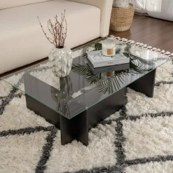 Tavolino da Salotto Nero Portariviste Forma Rettangolare 105x65x30h cm, Materiale Piano in Vetro - Kallias