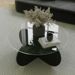 Tavolino da Salotto Nero Portariviste Forma Rotonda 75x75x35h cm, Materiale Piano in Vetro - Nila