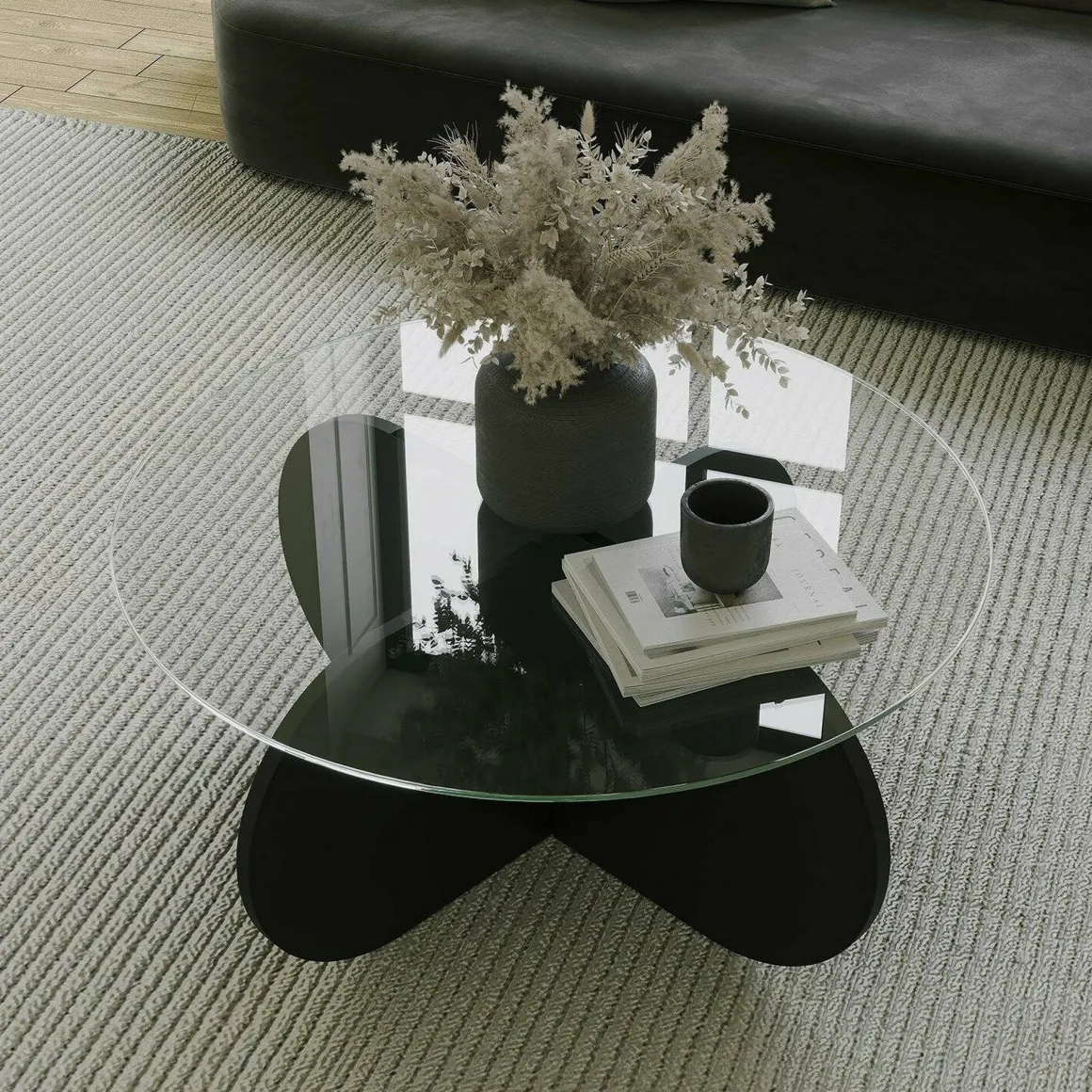 Tavolino da Salotto Nero Portariviste Forma Rotonda 75x75x35h cm, Materiale Piano in Vetro - Nila