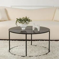 Tavolino da Salotto Nero Portariviste Forma Rotonda 80x80x43h cm, Sfumatura Colore Ripiano Fume - Geralt