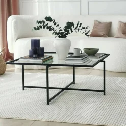 Tavolino da Salotto Nero Resistente All'appannamento Forma Quadrata 85x85x35h cm, Materiale Piano in Vetro - Mascate