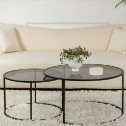 Tavolino da Salotto Nero set di 2 Tavolini Forma Circolare 80x80x43h cm, Sfumatura Colore Ripiano Fume - Aedion