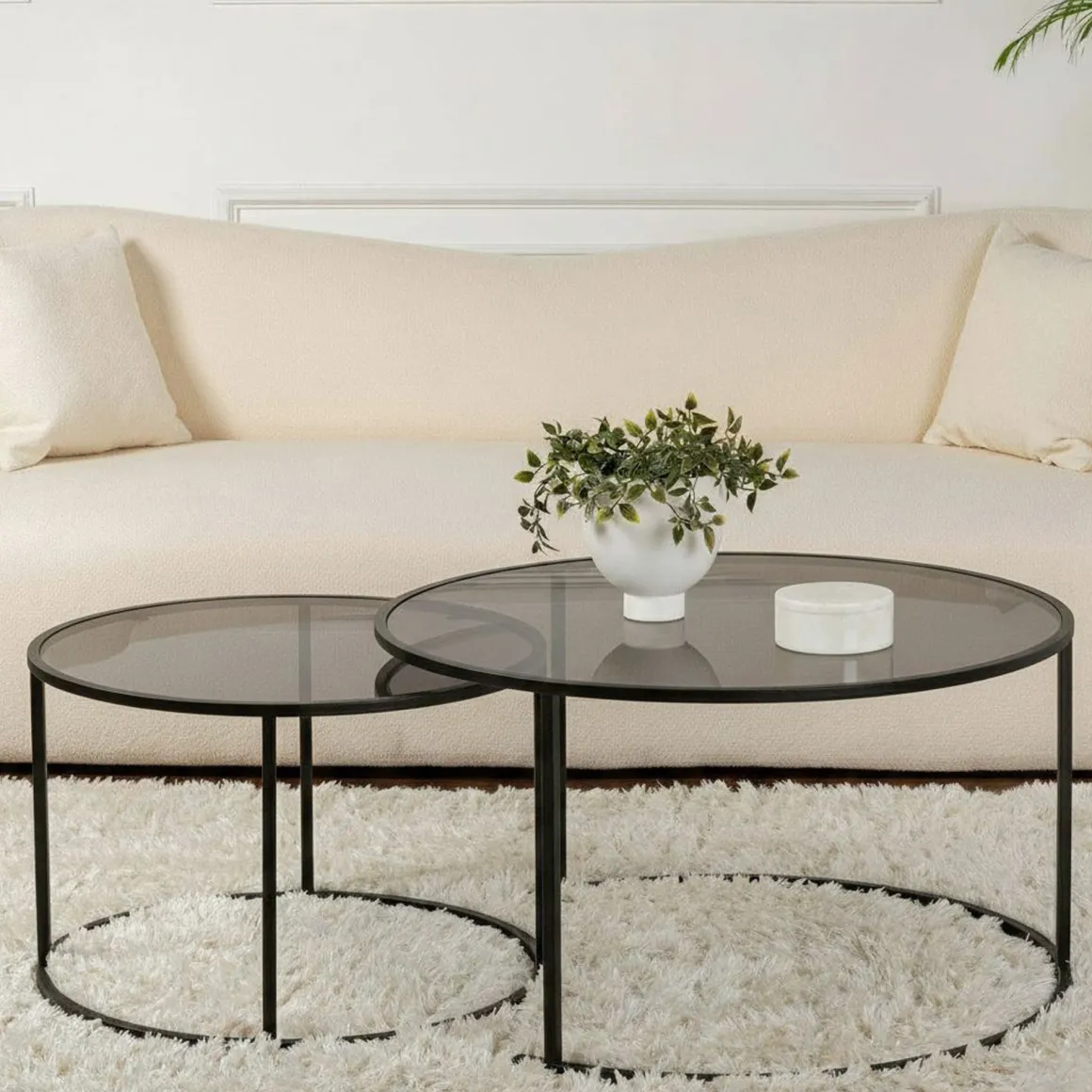 Tavolino da Salotto Nero set di 2 Tavolini Forma Circolare 80x80x43h cm, Sfumatura Colore Ripiano Fume - Aedion