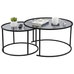 Tavolino da Salotto Nero set di 2 Tavolini Forma Circolare 80x80x43h cm, Sfumatura Colore Ripiano Fume - Aedion