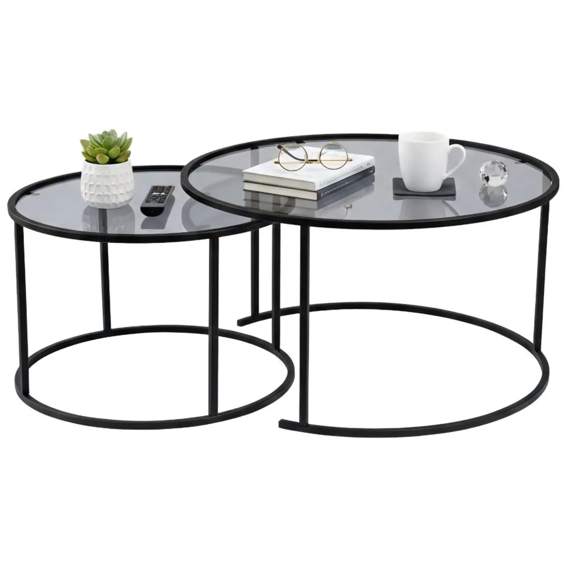 Tavolino da Salotto Nero set di 2 Tavolini Forma Circolare 80x80x43h cm, Sfumatura Colore Ripiano Fume - Aedion