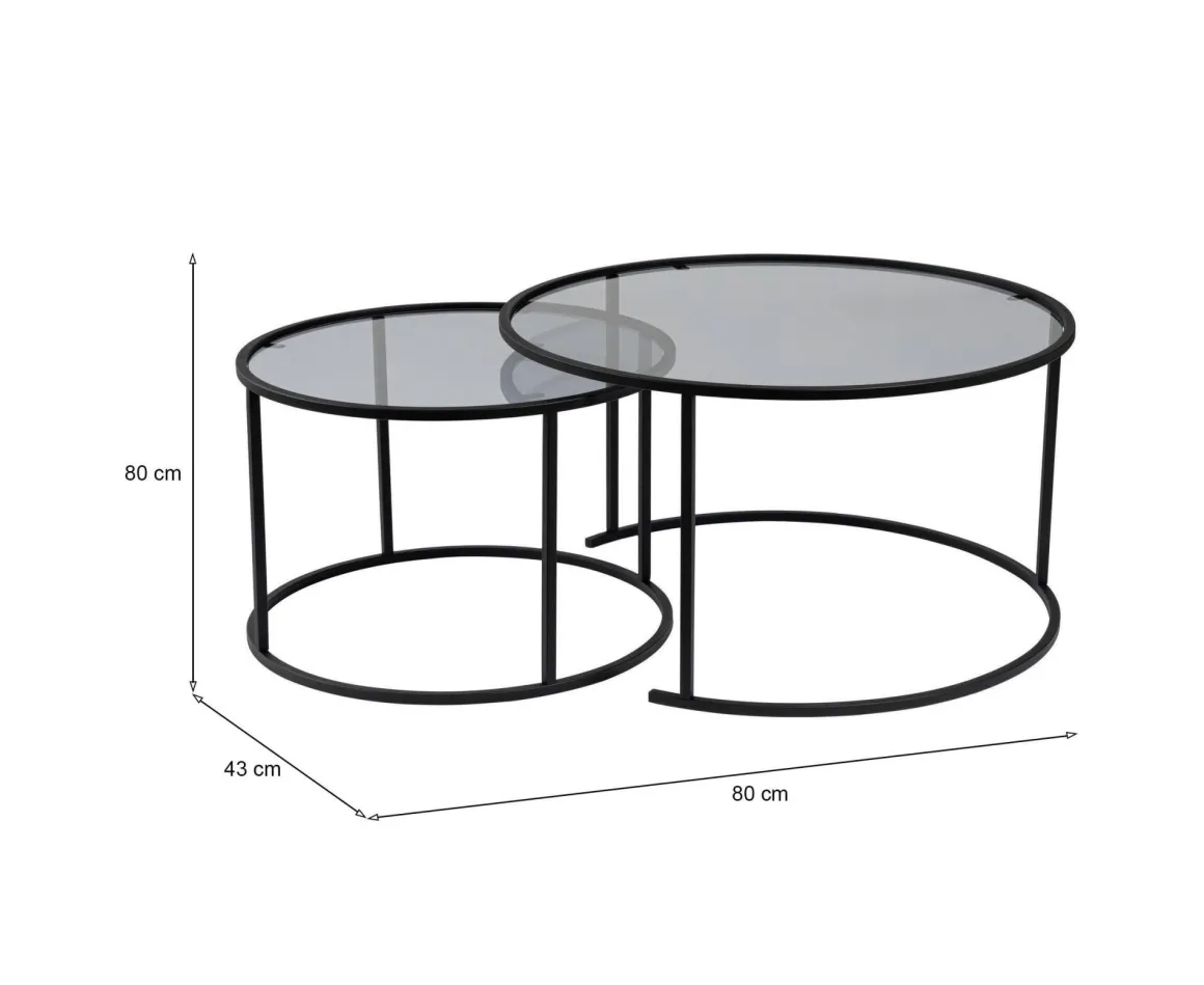 Tavolino da Salotto Nero set di 2 Tavolini Forma Circolare 80x80x43h cm, Sfumatura Colore Ripiano Fume - Aedion